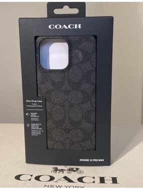 Coach iPhone 15 Pro Max Case Slim Wrap Signature Black Pebbled Leather NIB